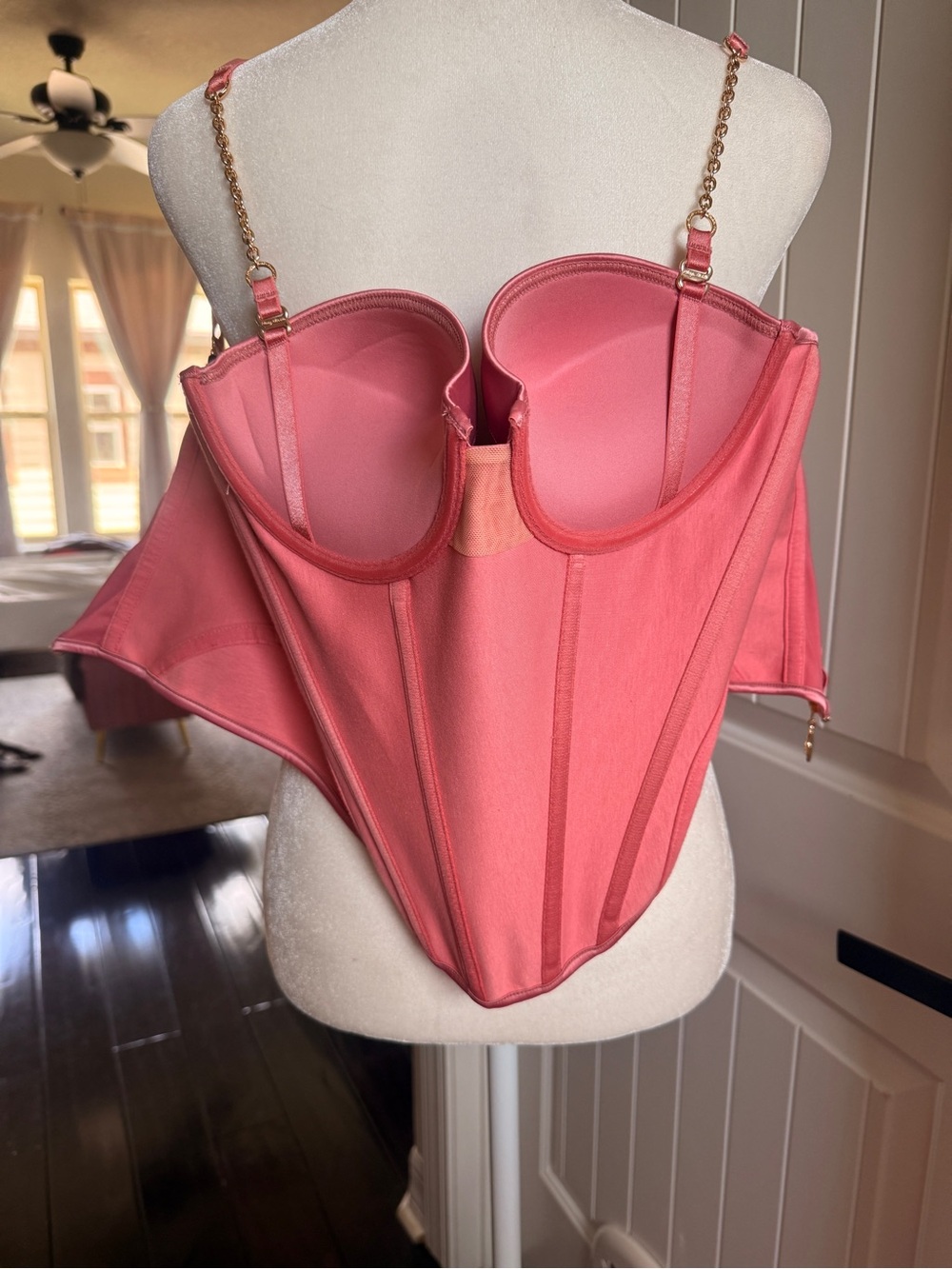 Honey Birdette Rose Pink Satin Bustier with Gold Chain Straps - Picture 9 of 10